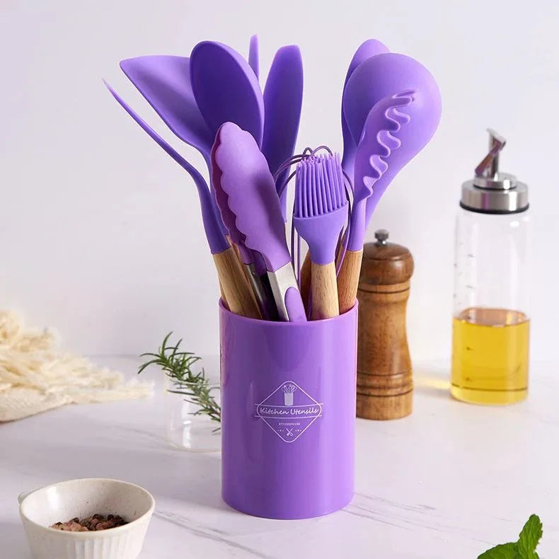 Kit com 12 peças de utensílios de cozinha, colheres, espátula de silicone, cabo, decoração de madeira, várias cores