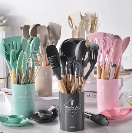 Kit com 12 peças de utensílios de cozinha, colheres, espátula de silicone, cabo, decoração de madeira, várias cores