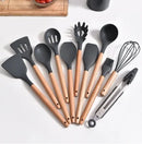 Kit com 12 peças de utensílios de cozinha, colheres, espátula de silicone, cabo, decoração de madeira, várias cores