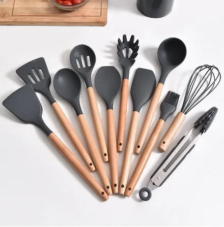 Kit com 12 peças de utensílios de cozinha, colheres, espátula de silicone, cabo, decoração de madeira, várias cores