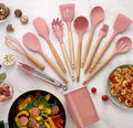 Kit com 12 peças de utensílios de cozinha, colheres, espátula de silicone, cabo, decoração de madeira, várias cores
