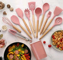 Kit com 12 peças de utensílios de cozinha, colheres, espátula de silicone, cabo, decoração de madeira, várias cores