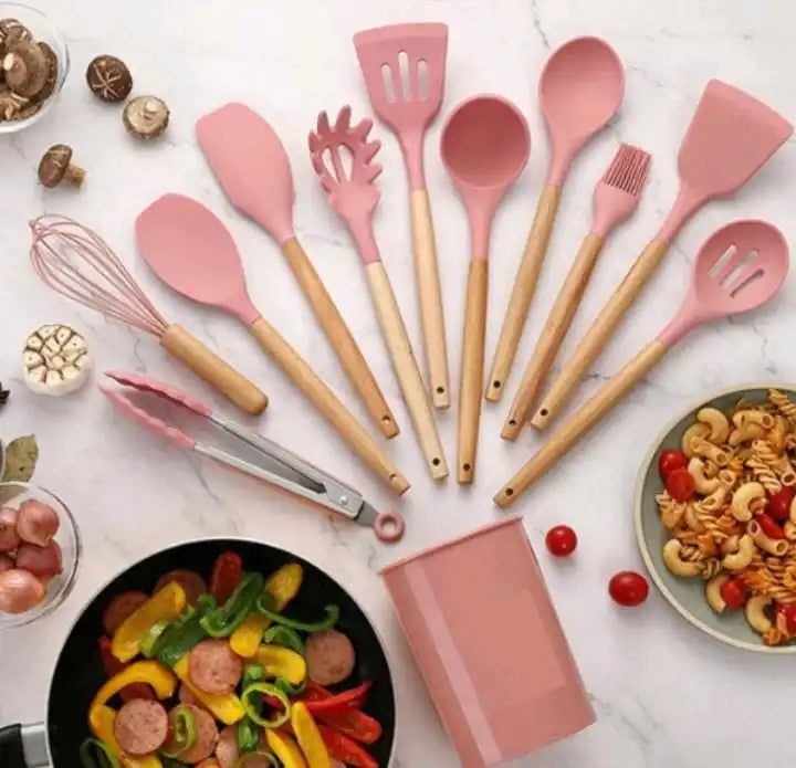 Kit com 12 peças de utensílios de cozinha, colheres, espátula de silicone, cabo, decoração de madeira, várias cores