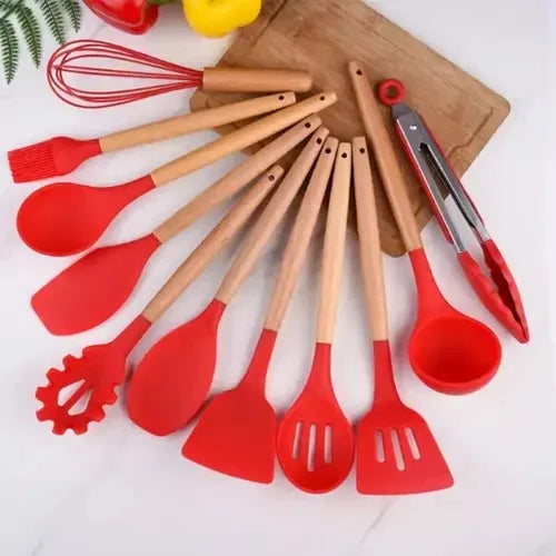 Kit com 12 peças de utensílios de cozinha, colheres, espátula de silicone, cabo, decoração de madeira, várias cores