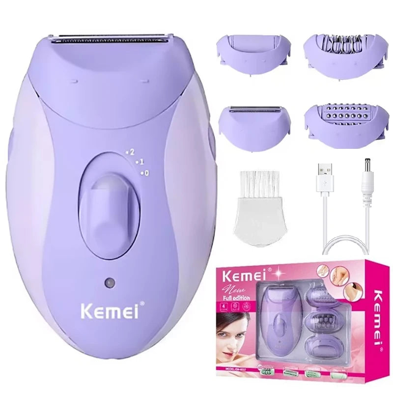 Depilador Elétrico Recarregável Kemei 4 em 1 – Rosto, Corpo, Pernas e Biquíni